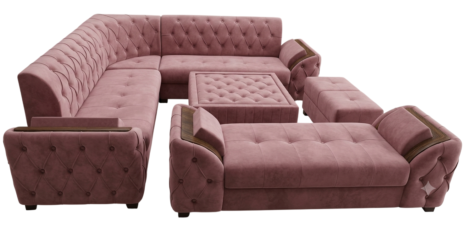 Blush pink tufted modular sofa set with centre table