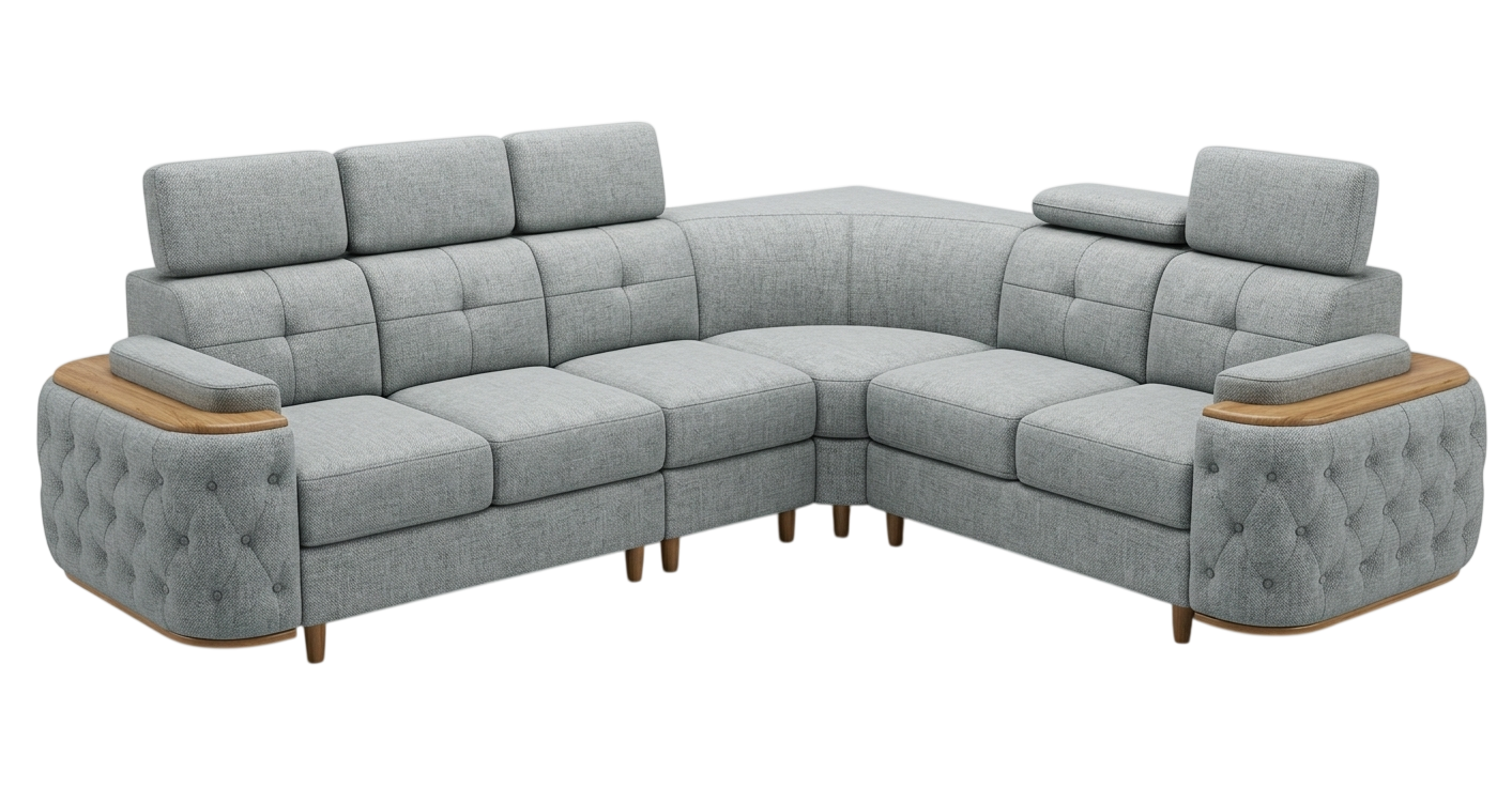 Grey fabric corner sofa with adjustable headrests