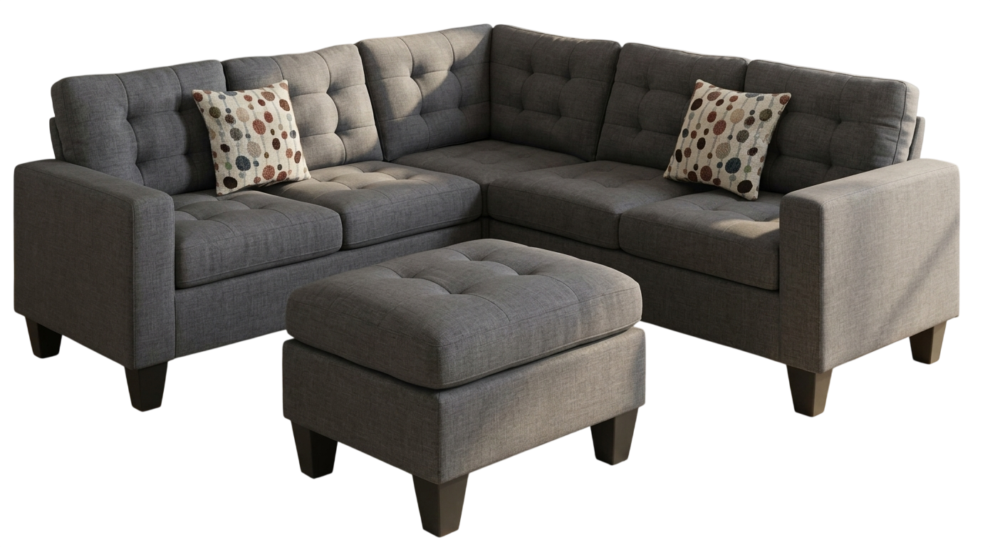 Grey tufted sectional sofa with matching ottoman