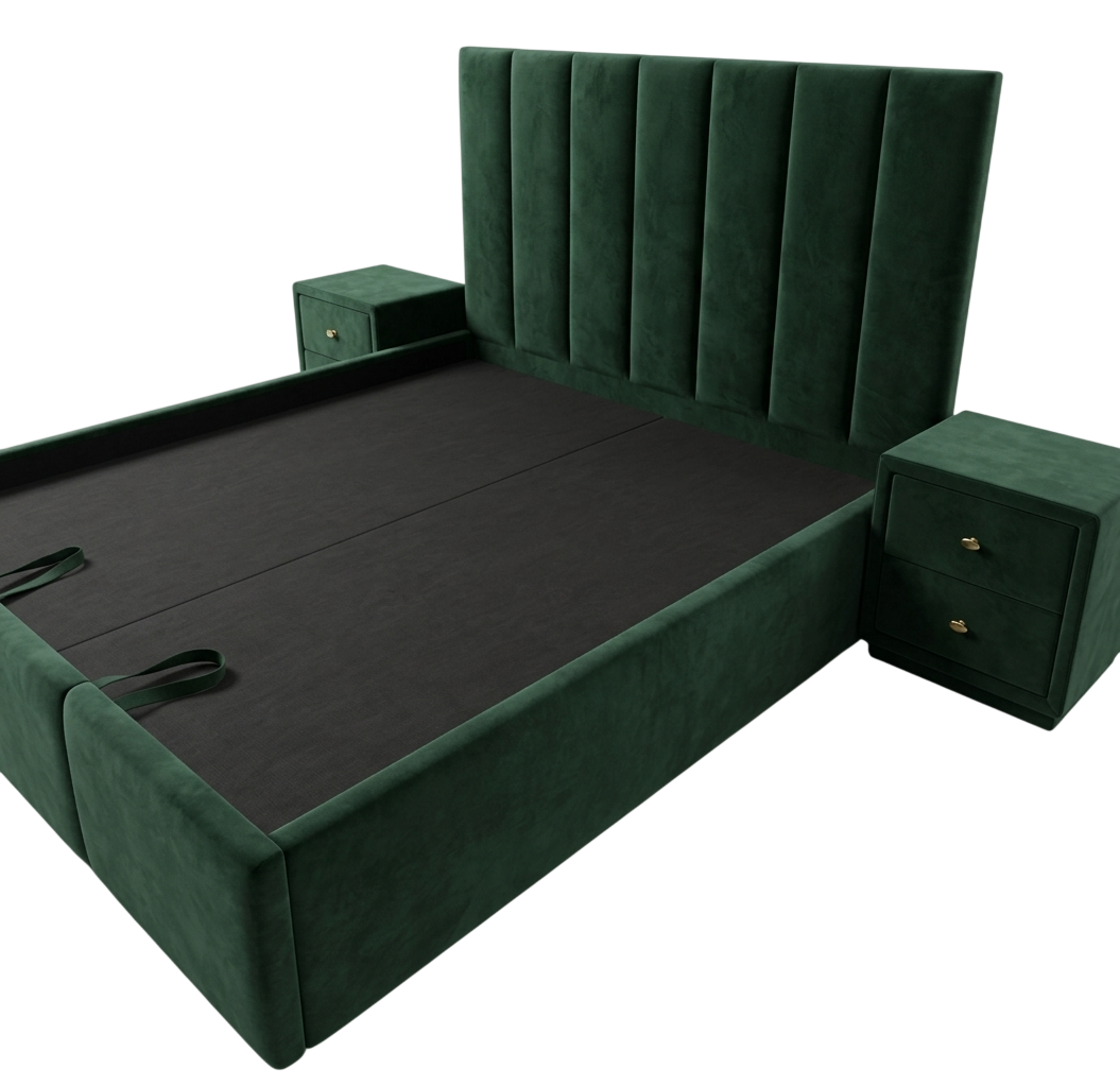 Upholstered bed in dark green velvet with matching nightstands