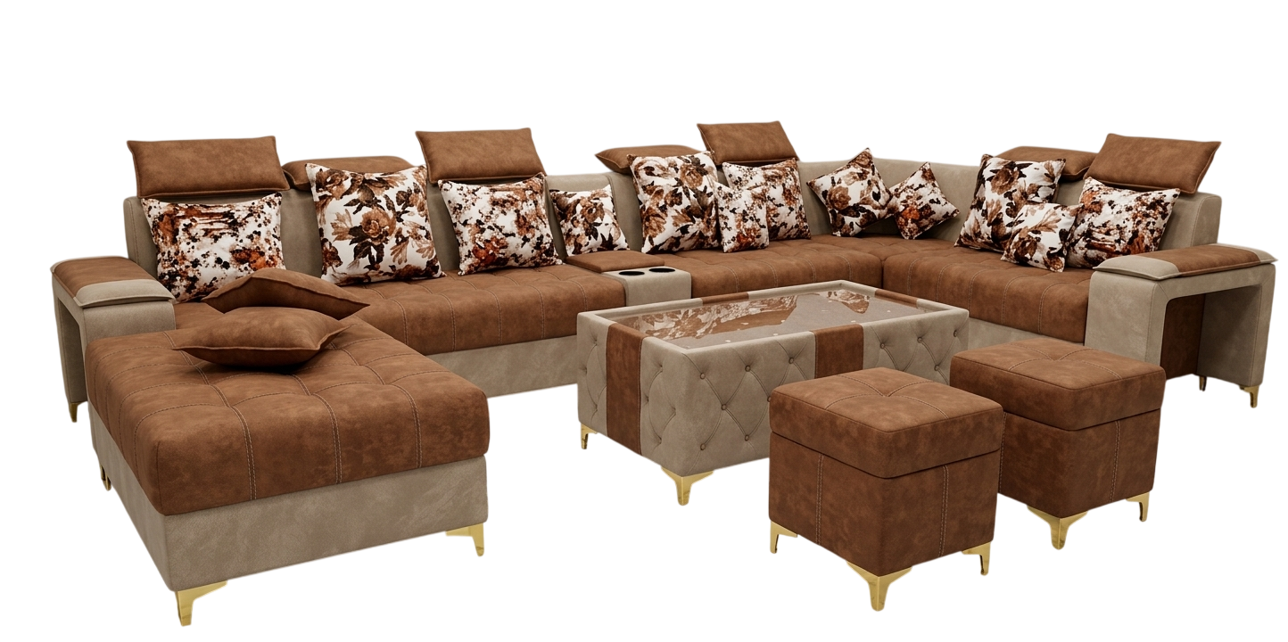 Large U-shape sectional sofa with centre table and ottomans