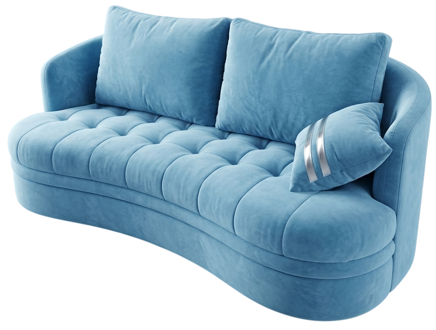 Curved tufted sofa, powder blue velvet